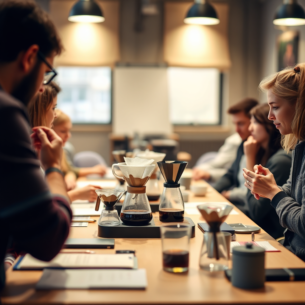 Create an image of a coffee workshop, with participants gathered around a table learning about coffee brewing techniques. Focus on the engagement and interaction of the participants, and the tools and equipment used in the workshop. Use warm lighting to create a welcoming and educational atmosphere.