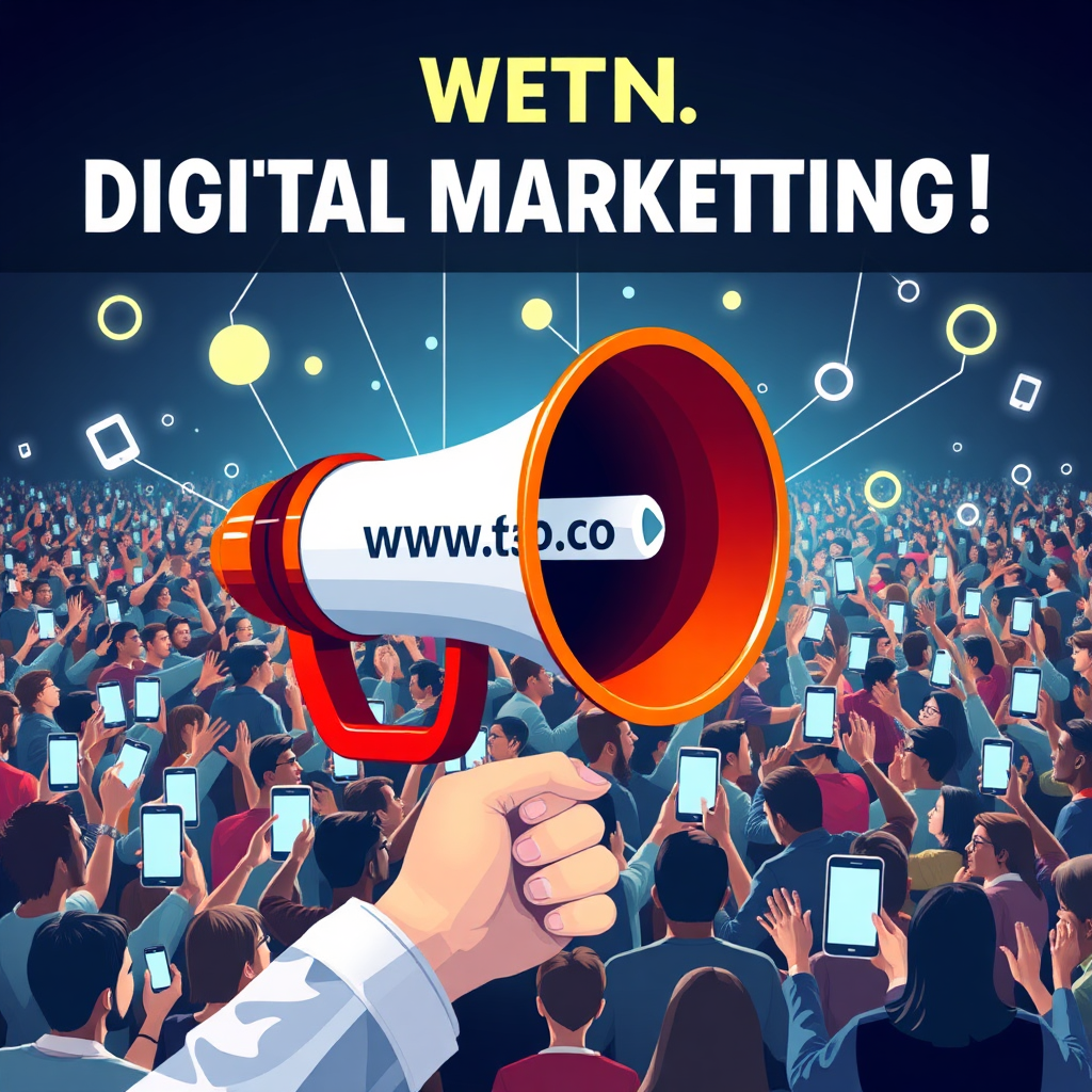 Create an image of a megaphone broadcasting a website link to a large, diverse audience connected through their mobile devices. The megaphone represents digital marketing, and the mobile devices symbolize the target audience. The background represents the digital landscape. Emphasize reach, connection, and engagement. Use bold and vibrant colors to attract attention.