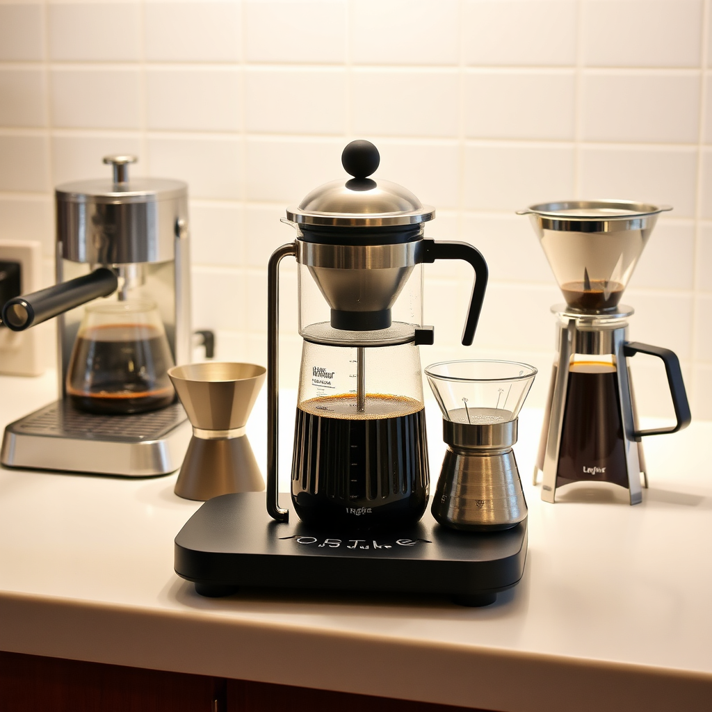 Create an image showcasing a variety of coffee brewing methods, including espresso machine, French press, pour-over, and Aeropress. The image should highlight the unique aspects of each method and their respective tools. Arrange the coffee preparation methods on a clean countertop, with soft, diffused lighting to enhance the details.