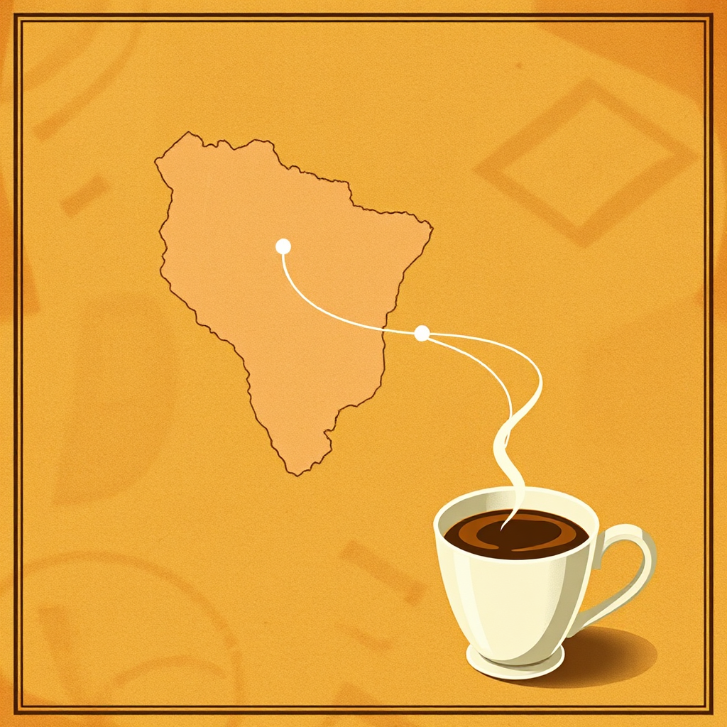 Create an image showing a map of a coffee-growing region, with lines connecting it to a coffee cup. This map should highlight the journey of coffee from the farm to the consumer. Use earthy colors and a vintage map style to enhance the sense of origin and authenticity.
