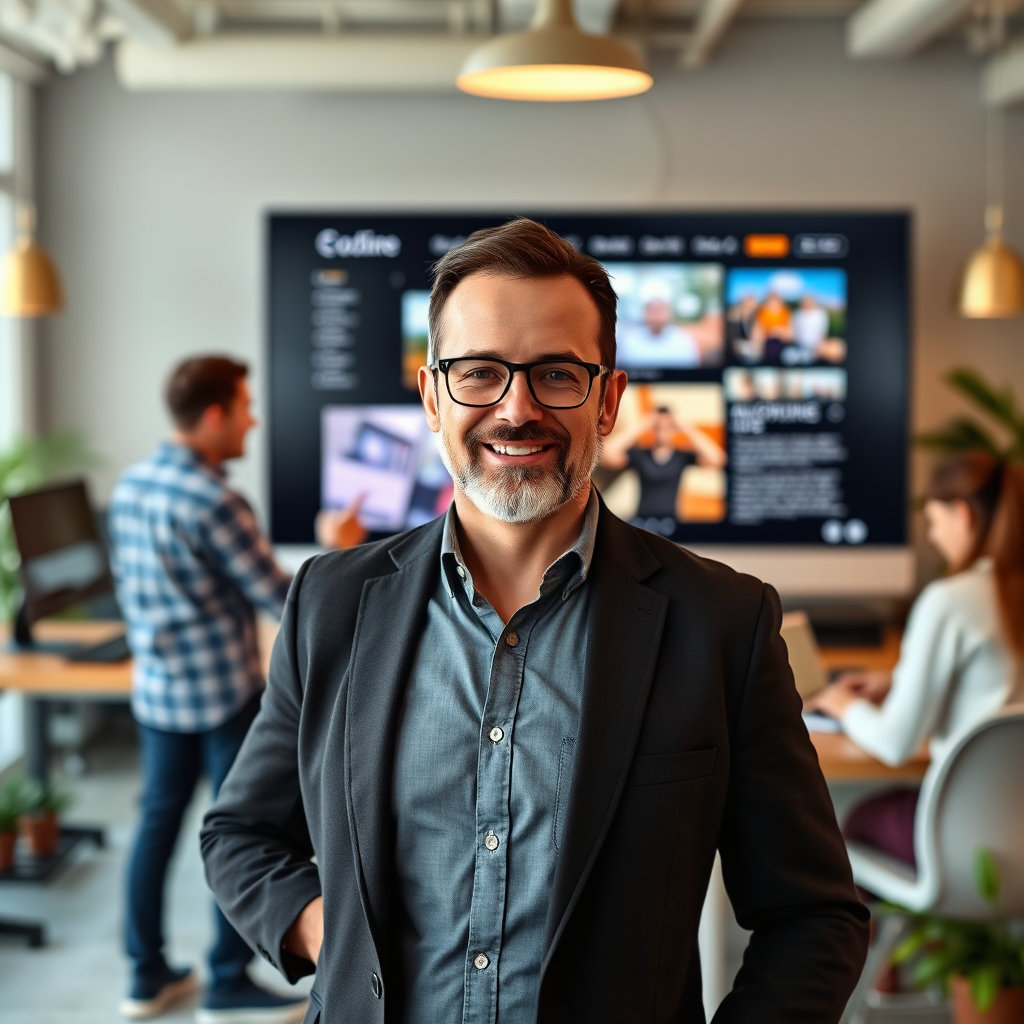 Depict a business owner confidently standing in front of their thriving business, while a team of web designers is working diligently in the background, subtly enhancing the website interface on a large screen. The background should be slightly blurred to emphasize the business owner and their success. The color palette should be warm and inviting, with golds, greens, and browns dominating. Lighting should be natural and flattering, creating a sense of accomplishment. Style should be photorealistic with a touch of empowerment.