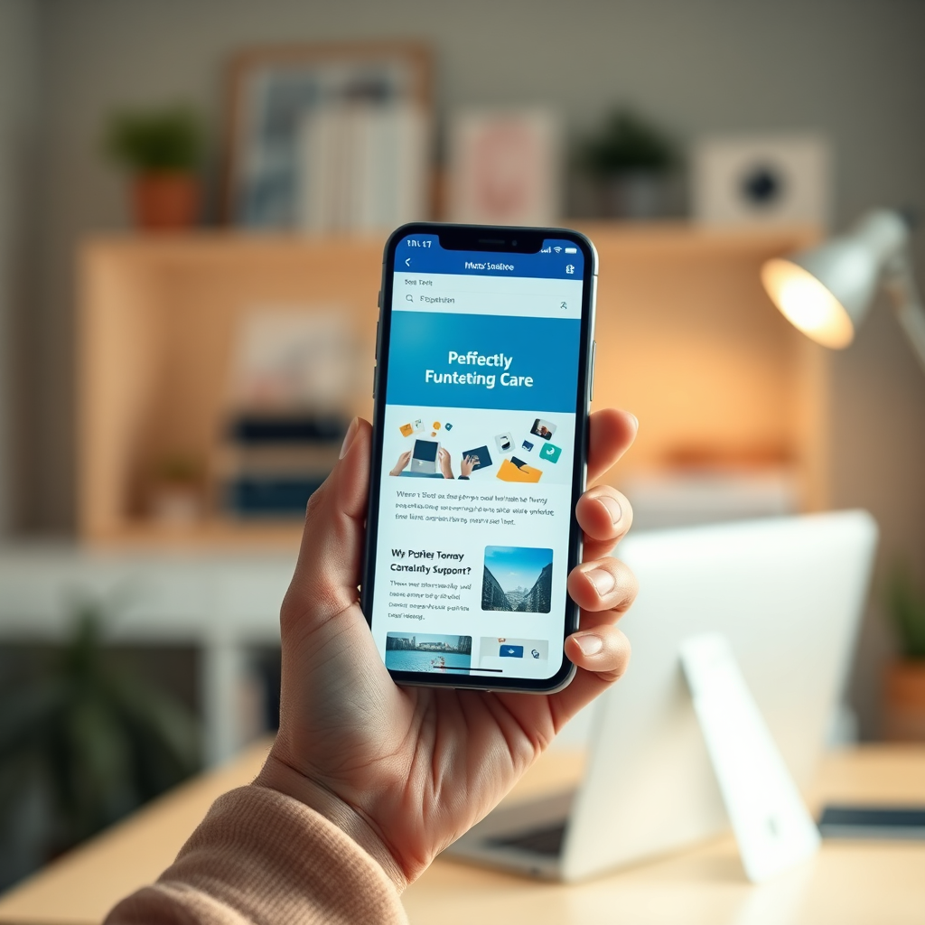  Depict a caring hand gently holding a glowing smartphone displaying a perfectly functioning website. The background is a soft, comforting blur of a home office. The color palette should be warm and reassuring, with blues, greens, and whites dominating. Lighting should be soft and inviting, creating a sense of trust and reliability. The style should be photorealistic with a touch of sentimentality. The image should convey the idea of continuous support and care for the website.