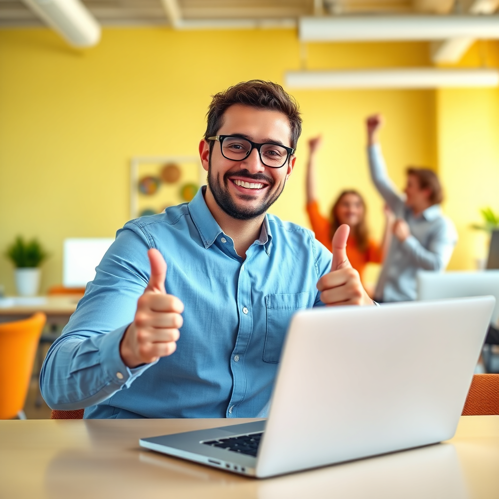 Depict a customer smiling and giving a thumbs-up while browsing their new website on a laptop. The background is a bright and cheerful office environment with a team of web designers celebrating in the background. Emphasize happiness and satisfaction through the customer's expression and the positive atmosphere. The color palette should be warm and inviting, with yellows, oranges, and blues dominating. Lighting should be natural and flattering, creating a sense of trust and reliability. Style should be photorealistic with a touch of optimism.