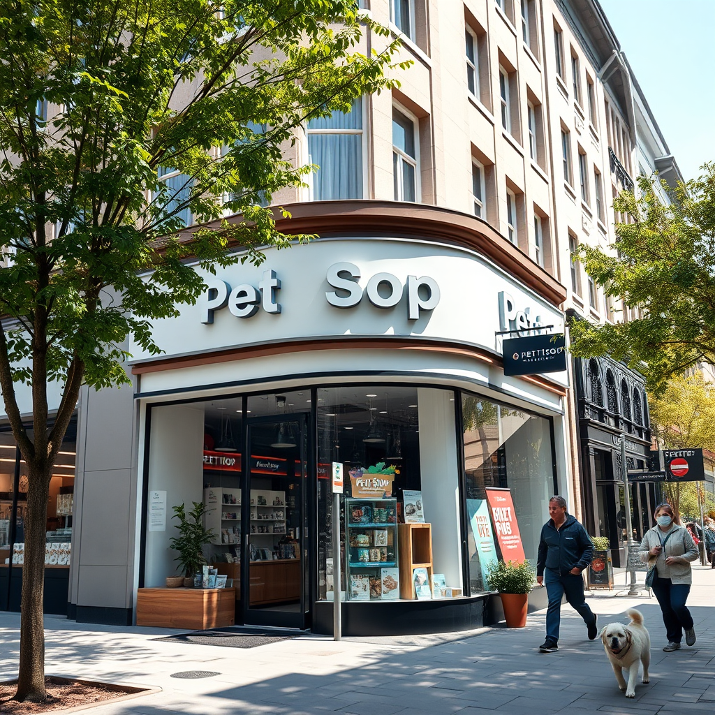 Exterior view of a modern and inviting pet shop located in a bustling city street. The pet shop has a clean and attractive facade, with large windows displaying pet products and services. The street is lined with trees and sidewalks, and there are people walking their dogs. The lighting is bright and sunny. The camera angle is slightly low, emphasizing the pet shop's prominent location. The overall style should be modern and professional. Photorealistic, 4k resolution.
