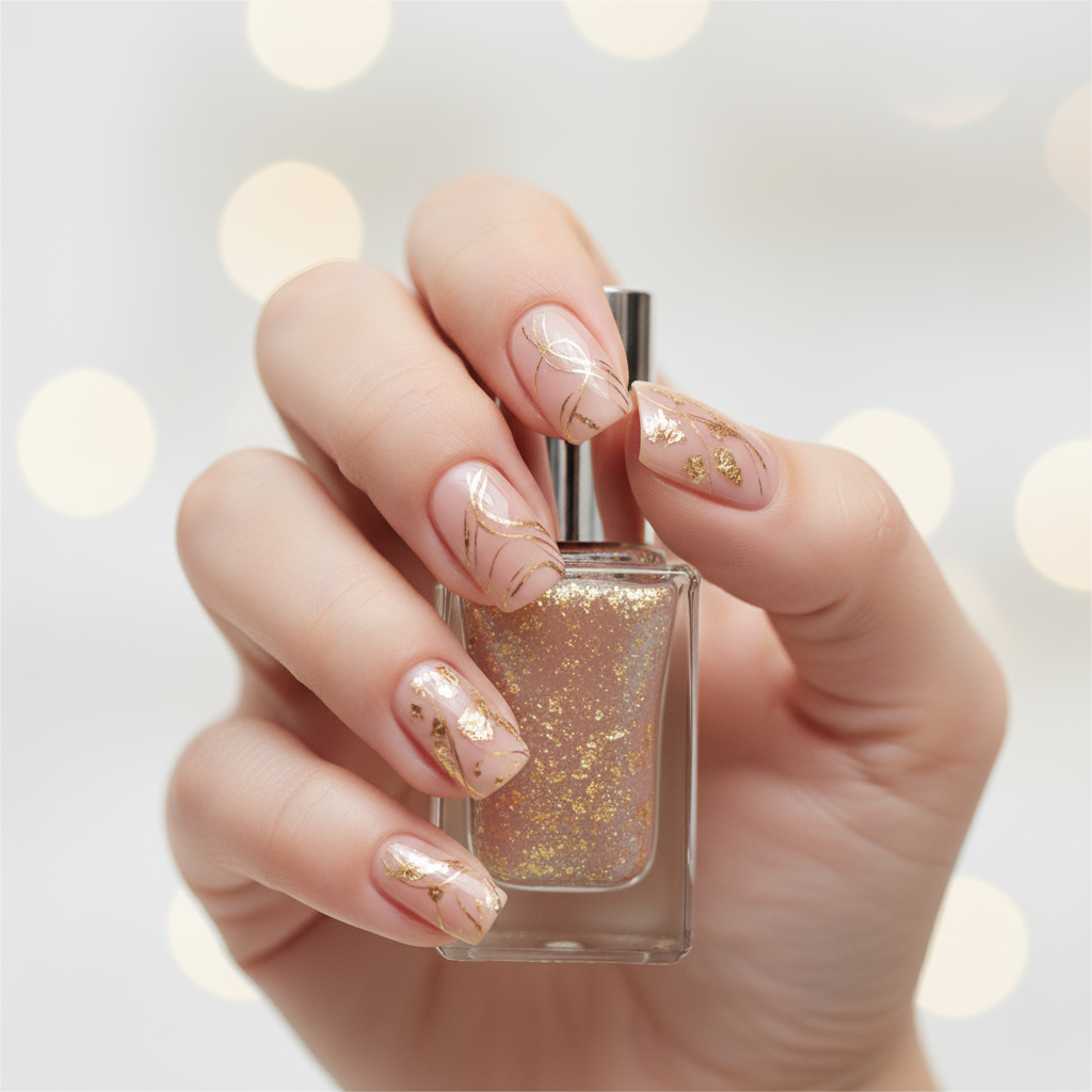 A set of hands adorned with elegantly designed nails, featuring minimalist geometric patterns in gold and black against a neutral background. The lighting is soft and diffused, creating a luxurious feel. The camera angle is a medium shot, showcasing the overall design and its impact. The overall style is modern and sophisticated, emphasizing the timeless appeal of minimalist design. Technical specs: 4K resolution, high-quality rendering.