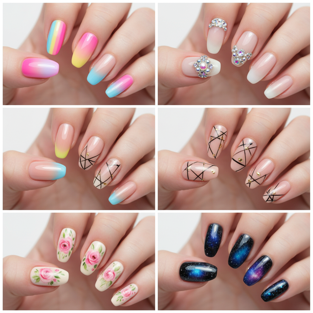 A stylized image representing a close-up of a pair of hands meticulously painting intricate nail art on another set of hands. The hands are positioned against a soft, blurred background featuring nail polish bottles and manicure tools. The lighting is warm and inviting, with a focus on highlighting the precision and artistry involved. The color palette is vibrant and diverse, showcasing the wide range of colors and styles available. The camera angle is a close-up, focusing on the hands and the nail art in progress. The overall style is modern and artistic, emphasizing the creativity and skill involved in nail care. The image should evoke a sense of personalization, care, and artistic expression. Technical specs: 4K resolution, high-quality rendering.