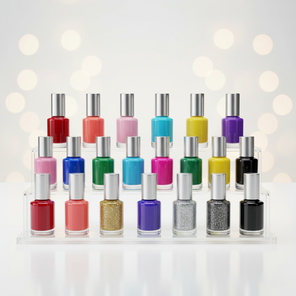 A vibrant image showcasing a diverse array of nail polish bottles arranged in a rainbow spectrum. The lighting is bright and colorful, emphasizing the richness and variety of the colors. The background is a clean white, allowing the colors to pop. The camera angle is a slightly elevated shot, capturing the full spectrum of colors. The overall style is modern and playful, emphasizing the creative possibilities of nail color. Technical specs: 4K resolution, high-quality rendering.