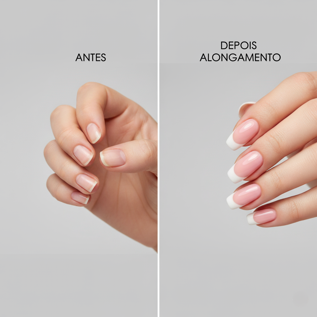 A before-and-after image showcasing the transformation of short nails into long and elegant extensions. The lighting is soft and flattering, highlighting the beauty and perfection of the extended nails. The background is a neutral color, allowing the focus to remain on the nails. The camera angle is a medium shot, showcasing the overall transformation. The overall style is glamorous and sophisticated, emphasizing the beauty and elegance of the extended nails. Technical specs: 4K resolution, high-quality rendering.