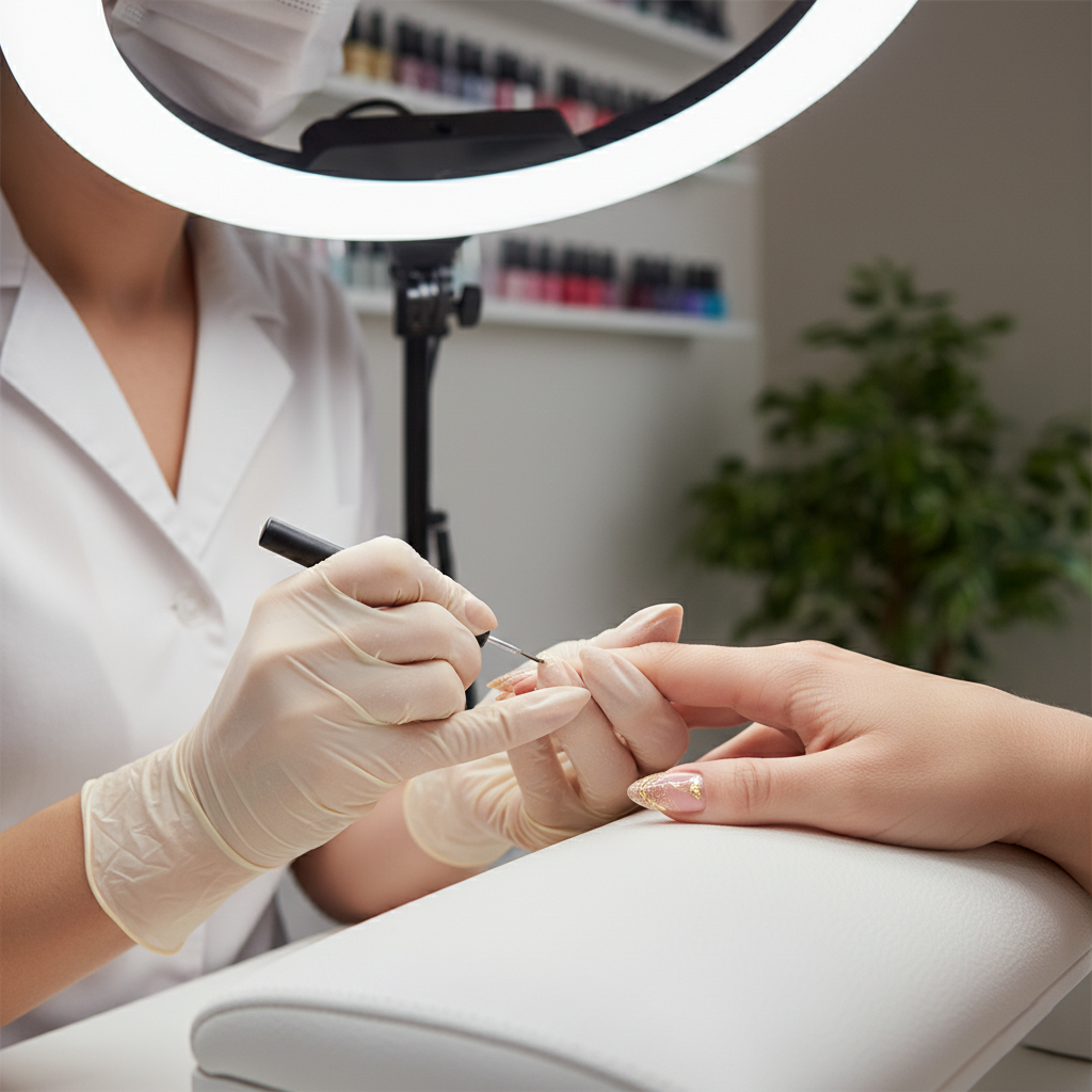 A hand receiving a quick and efficient manicure, with the focus on speed and precision. The lighting is bright and focused, highlighting the tools and techniques used. The background is a clean and organized salon setting. The camera angle is a close-up, capturing the details of the manicure process. The overall style is modern and efficient, emphasizing the speed and convenience of the service. Technical specs: 4K resolution, high-quality rendering.