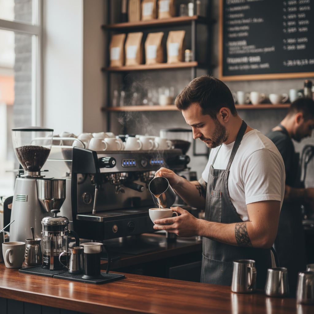 Create a photorealistic image of a barista carefully preparing coffee using a specific brewing method like V60 or Chemex. Highlight the barista's skill and attention to detail, the clear glass of the brewing device, and the steam rising from the freshly brewed coffee. The background should be a clean and modern coffee bar.