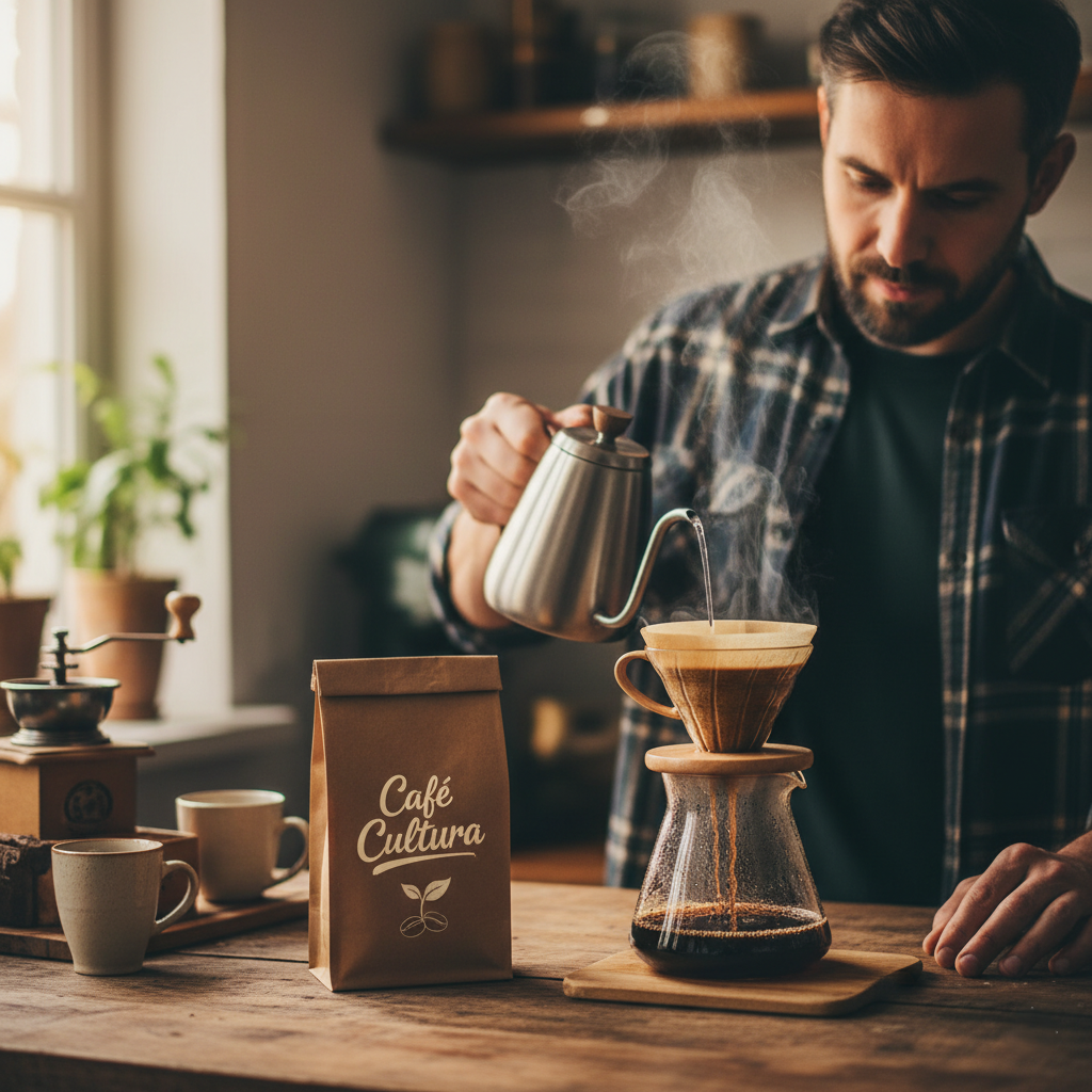 Create a photorealistic 4K image representing the essence of Café Cultura. The scene should depict a barista carefully hand-pouring coffee using a pour-over method. The barista should be wearing a stylish apron and have a focused expression. The backdrop should feature a blurred view of the coffee shop, with warm lighting and happy customers. The main color palette should consist of warm browns, creams, and subtle greens. Focus on capturing the texture and detail of the coffee brewing process – the water swirling through the grounds, the aroma rising, and the careful control of the barista. The camera angle should be slightly low, looking up at the barista, emphasizing their expertise and dedication. Add elements such as a bag of freshly roasted coffee beans labeled with the Café Cultura logo, and a small plant to bring in a touch of nature. Style reference: modern, artisanal, and inviting, with a focus on the craft and quality of specialty coffee.
