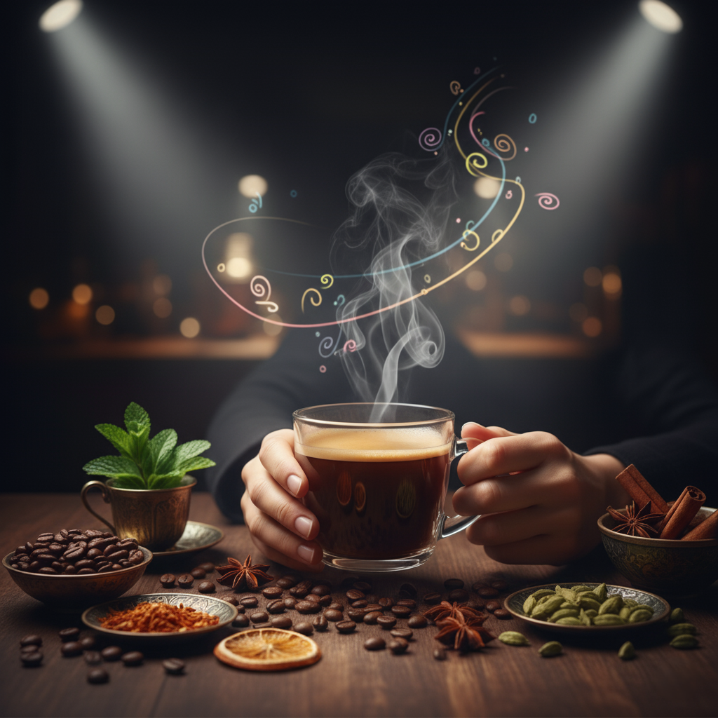 Create an image that visually represents a coffee cupping session. It should show a variety of coffee cups arranged on a table, with spoons and tasting notes. Focus on the details of the cupping process and the sensory aspects of coffee tasting. Make the colors rich and inviting.