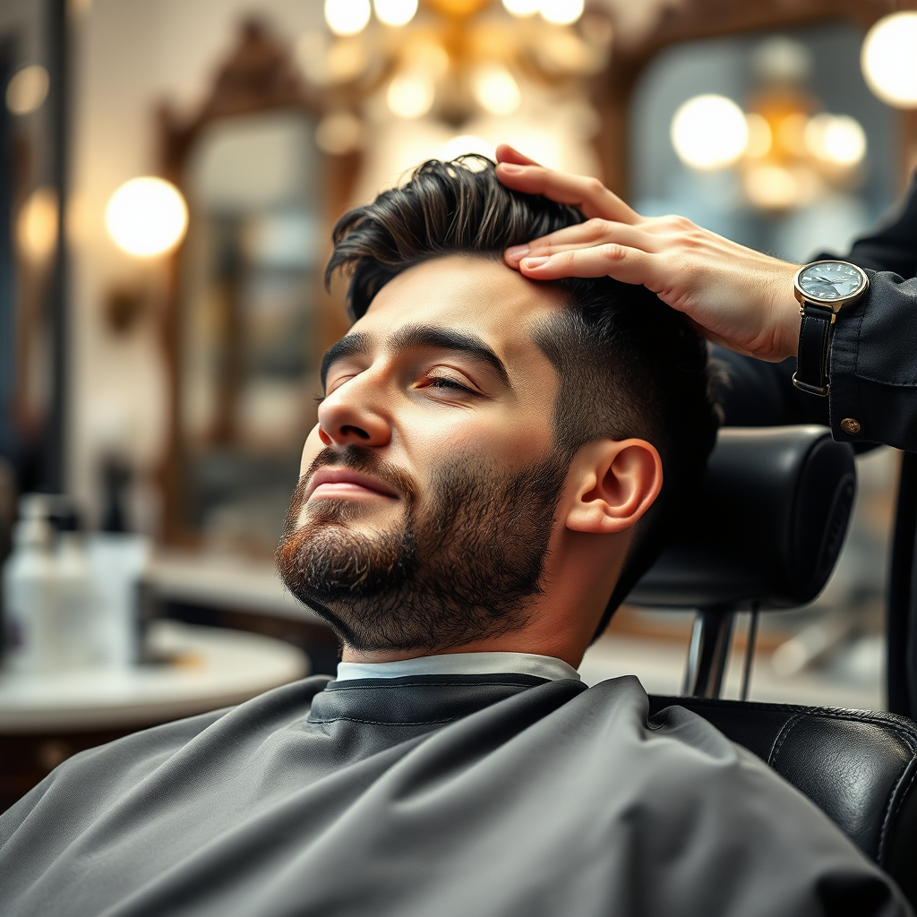 Image showcasing a man relaxing in a barber chair while receiving a hair treatment. Focus on his relaxed expression and the application of the treatment. The background should be a blurred, luxurious barber shop environment. The lighting is soft and soothing, creating a sense of relaxation and well-being.