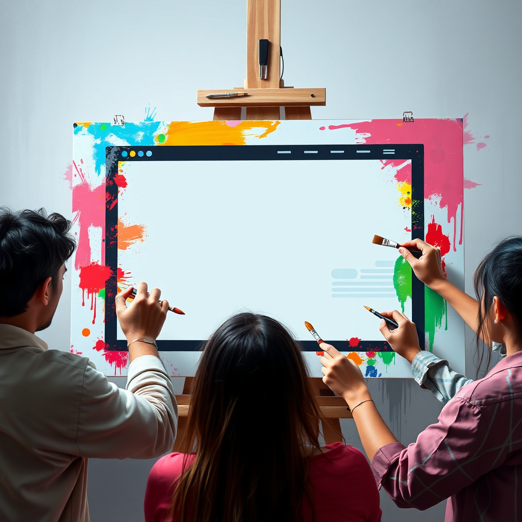  Imagine a digital canvas with a single, blank website interface. A group of artists with digital brushes are meticulously painting and sculpting the interface to perfection. Each artist is adding unique elements that represent various brand identities. The color palette is diverse and vibrant, with each artist using different hues. The lighting is soft and diffused, highlighting the artistic process. The style is a blend of photorealism and impressionism. The image should convey the idea of a personalized and artistic website design process.