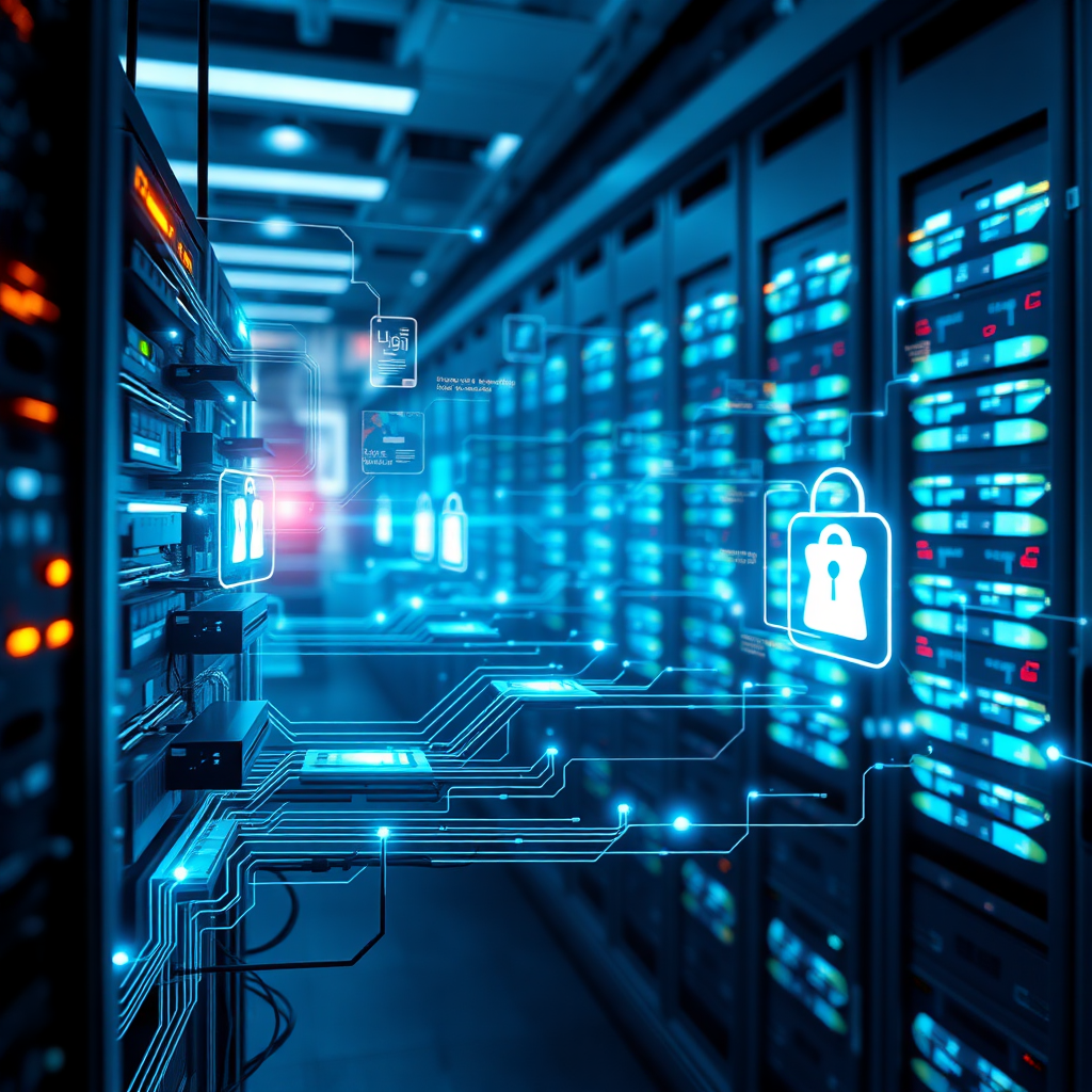 Imagine a network of interconnected servers with glowing circuits and holographic displays showing real-time data. The servers are seamlessly communicating with each other, ensuring optimal performance and security. The background is a blurred image of a futuristic data center. Emphasize innovation and reliability through the intricate details and the dynamic composition. The color palette should be cool and futuristic, with blues, greens, and silvers dominating. Lighting should be vibrant and highlighting the advanced technology. Style should be photorealistic with a touch of science fiction.