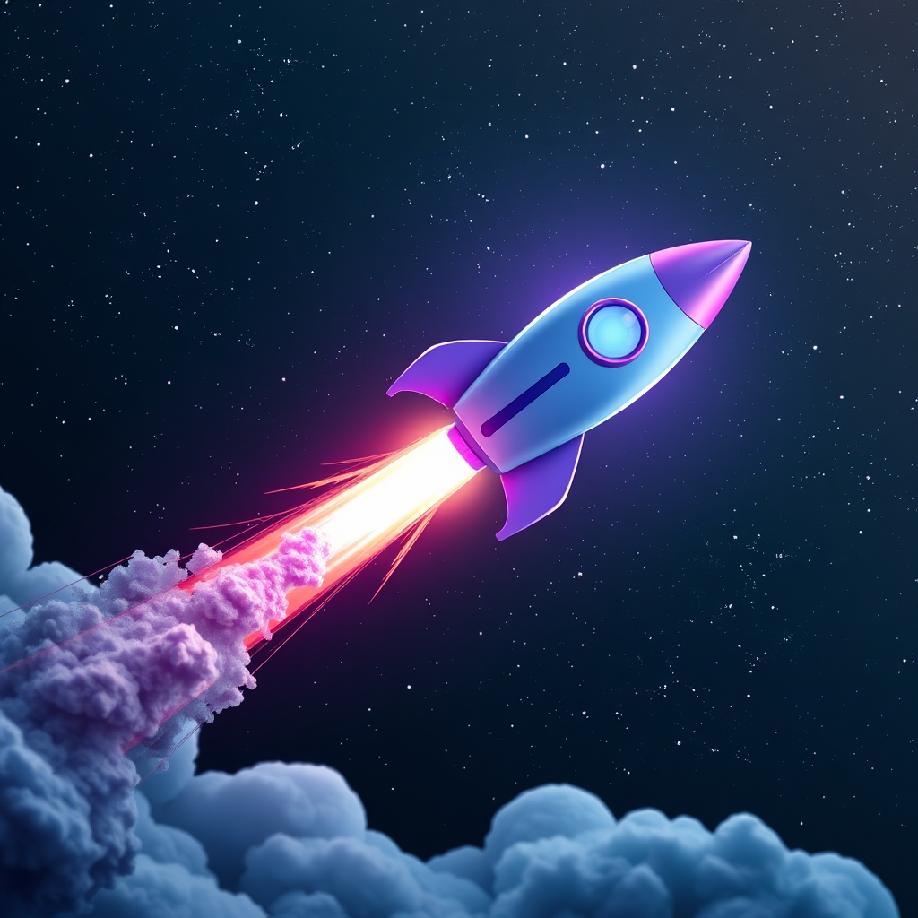 Imagine a rocket launching into space, but instead of flames, it emits streams of website code. The rocket is labeled 'New Website' and is leaving behind a cloud of dust representing outdated methods. The background is a star-filled sky representing limitless possibilities. Emphasize speed and innovation through the rocket's trajectory and the vibrant colors. The color palette should be futuristic, with blues, purples, and silvers dominating. Lighting should be dramatic, with the rocket brightly lit against the dark sky. Style should be photorealistic with a touch of science fiction.