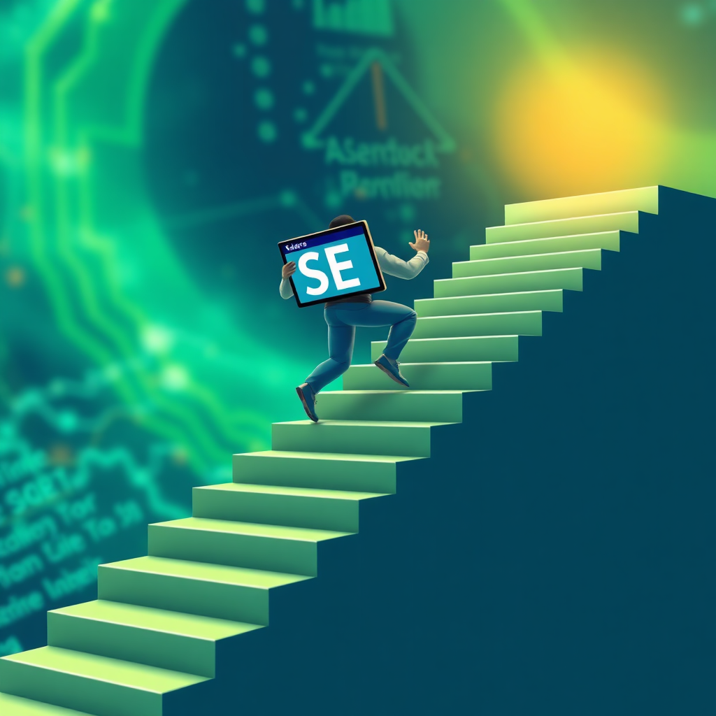 Imagine a website climbing a staircase leading to the top of a search engine results page (SERP). The website is equipped with SEO tools like keywords, backlinks, and optimized content. The background represents the vastness of the internet. Focus on upward movement and the website's journey to the top. Colors: green, blue, and gold to represent growth and success.