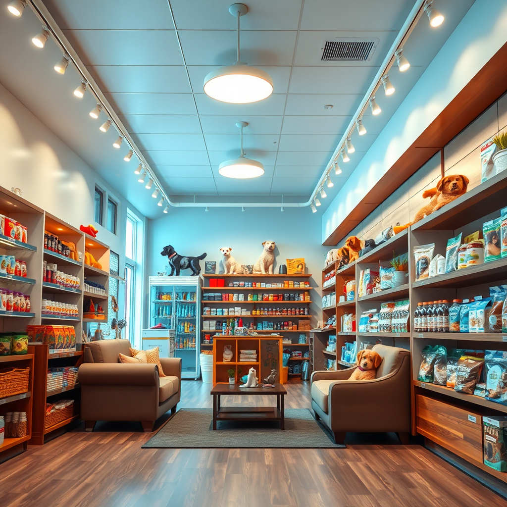 Interior view of a clean and well-organized pet shop. The shelves are stocked with pet products, and there is a comfortable waiting area for customers. The lighting is warm and inviting. The camera angle is slightly high, providing a comprehensive view of the store layout. The overall style should be modern and welcoming. Photorealistic, 4k resolution.