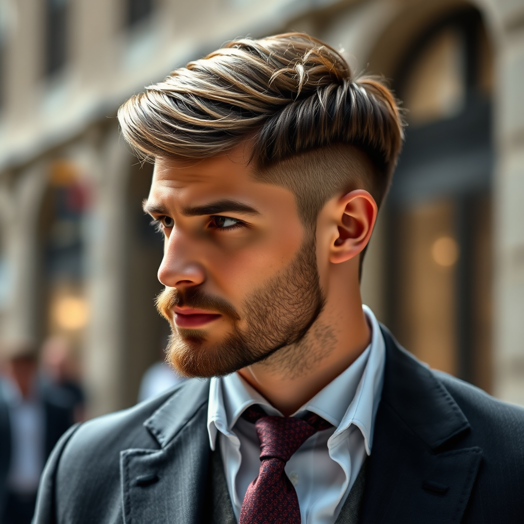 Photorealistic image, 4K resolution. A man with a hairstyle that blends classic and modern elements – perhaps a side part with a textured top or a classic beard with a modern fade. He's dressed in a sophisticated outfit that combines classic and contemporary pieces. The background is a blurred urban setting. The lighting is natural and flattering, accentuating his features and the details of his hairstyle. The overall feel is balanced, stylish, and confident.