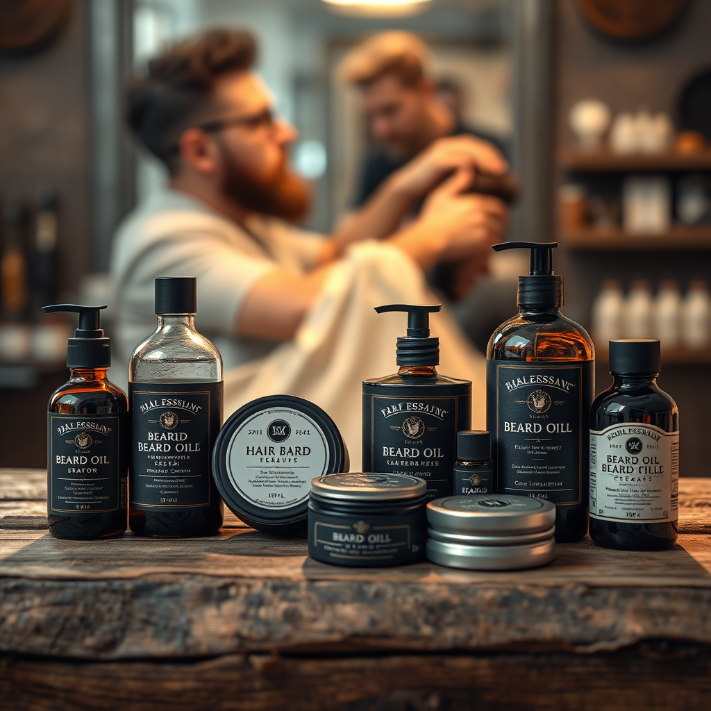 Photorealistic product shot, 4K resolution. A selection of high-end grooming products (beard oil, hair pomade, shaving cream, etc.) are arranged on a rustic wooden surface. The lighting is soft and warm, highlighting the textures of the products and their packaging. In the background, a blurred image of a barber using one of the products on a client. The color palette is natural and earthy, with a focus on highlighting the quality and craftsmanship of the products. The overall feel is luxurious and sophisticated.