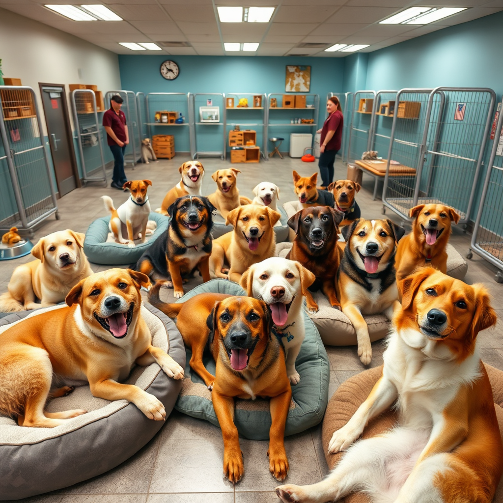 Several happy dogs of different breeds relaxing in a clean and spacious pet boarding facility. The dogs are surrounded by comfortable beds, toys, and friendly staff members. The lighting is warm and inviting. The camera angle is slightly high, providing a comprehensive view of the facility. Include props such as food bowls, water bowls, and play areas. The overall style should be homey and reassuring. Photorealistic, 4k resolution.