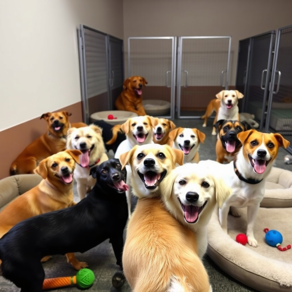 Several happy dogs of different breeds playing together in a pet boarding facility. The dogs are surrounded by comfortable beds and toys. Warm, inviting light.