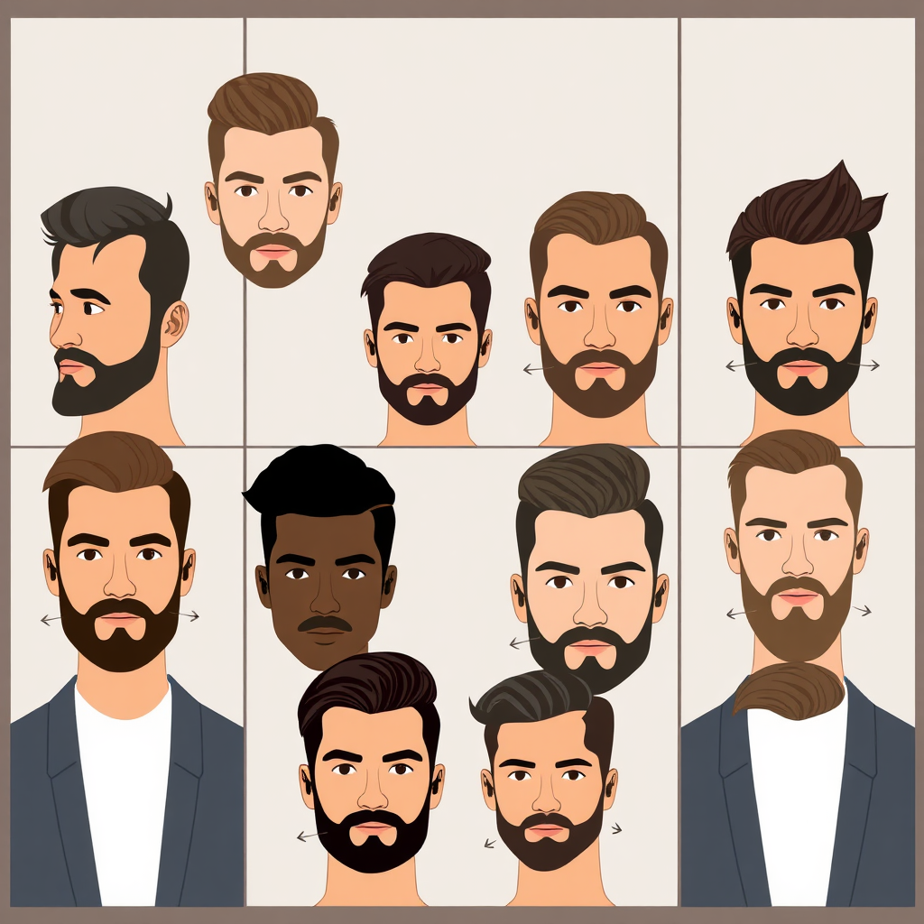 Stylized illustration, 4K resolution. A series of diverse male faces (different ethnicities, ages, and face shapes) are arranged in a grid or collage. Each face showcases a different haircut and beard style that complements their features. Subtle lines or arrows indicate the ideal style for each face shape. The color palette is muted and sophisticated, with a focus on clear lines and easy-to-understand visual cues. The overall style is clean, modern, and informative, resembling an infographic or a visual guide.