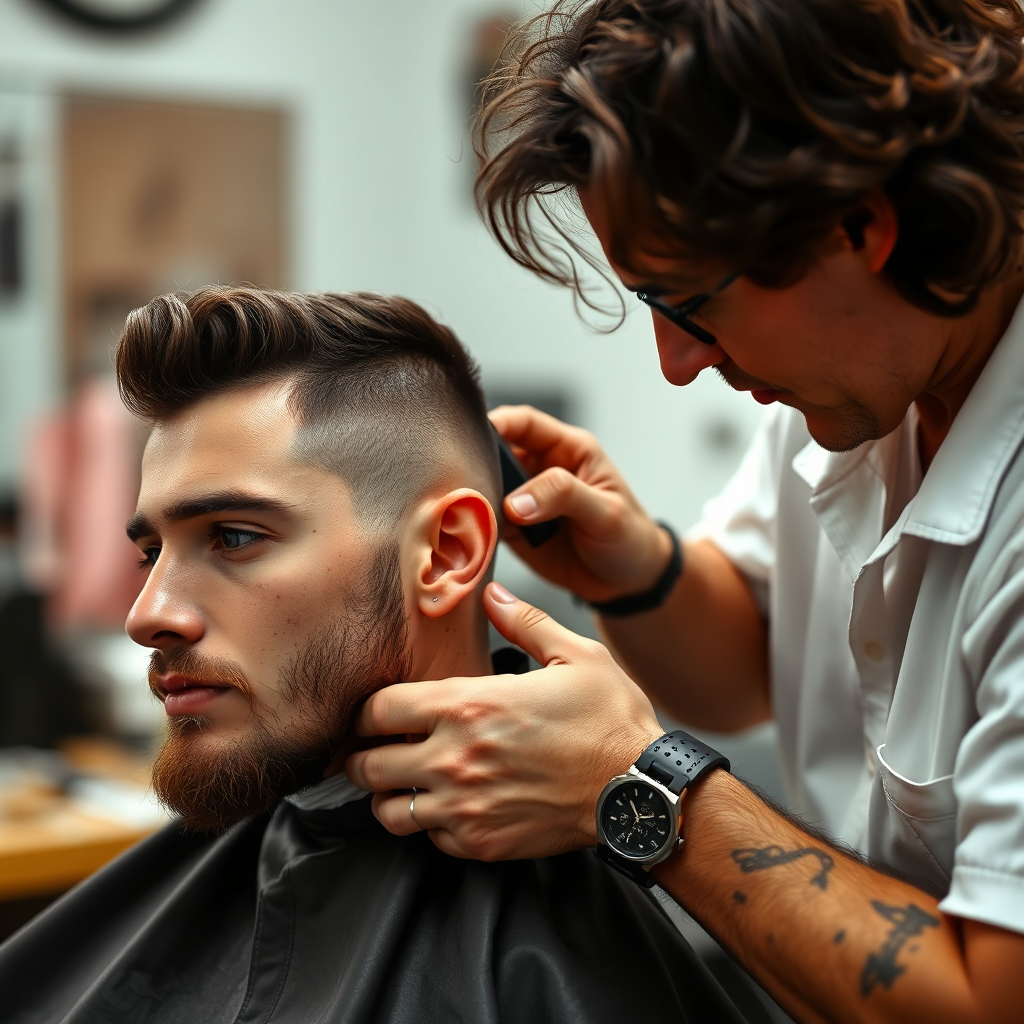 A stylized image, 4K resolution. A modern barber shop scene with a sleek, minimalist design and a barber giving a client a trendy textured crop haircut with a bold hair design. The lighting is bright and vibrant, creating a sense of energy and innovation. The barber and the client are both dressed in modern attire. The color palette is bold and contemporary, with a focus on blues, grays, and whites. The overall feel is cutting-edge and dynamic.