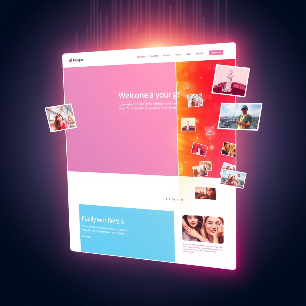 Visualize a blank website template transforming into a fully functional and visually appealing website with different elements popping into place: header, footer, images, text. The background represents the digital realm. The overall feeling is a fast, efficient, and magical transformation. Use bright, vibrant colors. Style: modern, clean, and dynamic.