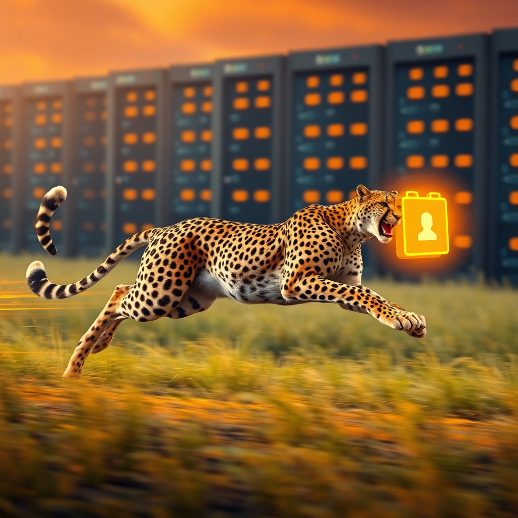  Visualize a cheetah sprinting across a savanna, but instead of grass, the ground is made of fiber optic cables. In the cheetah's mouth, it carries a glowing website icon. The background should be a blurred landscape of servers and data centers. Emphasize speed and agility through the cheetah's posture and the dynamic composition. The color palette should be warm and vibrant, with oranges, yellows, and reds dominating. Lighting should be dramatic, with the cheetah and website icon brightly lit. Style should be photorealistic with a touch of fantasy. The image should convey the idea of incredibly fast website delivery.
