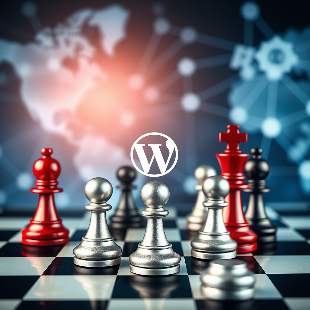 Visualize a chessboard with a website icon strategically placed as the winning move. The opposing pieces represent outdated websites and ineffective online strategies. The background is a blurred image of a global network connecting businesses and customers. Emphasize strategy and dominance through the composition and the positioning of the website icon. The color palette should be bold and assertive, with blacks, reds, and silvers dominating. Lighting should be dramatic, with the website icon brightly lit against the dark background. Style should be photorealistic with a touch of symbolism.