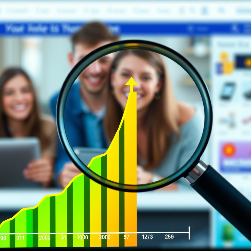 Visualize a graph showing a sharp upward trend, with the Y-axis representing website traffic and the X-axis representing time. A magnifying glass is hovering over the graph, focusing on the point where the traffic sharply increases. The background is a blurred image of happy customers browsing a website. The color palette should be bright and optimistic, with greens, yellows, and blues dominating. Lighting should be focused and highlighting the graph's upward trend. Style should be photorealistic with a touch of data visualization.