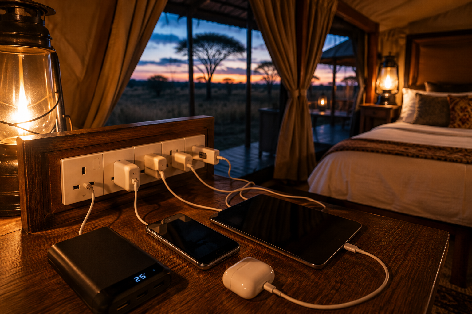 Safari tent charging station in the Maasai Mara — charging devices on safari in Kenya