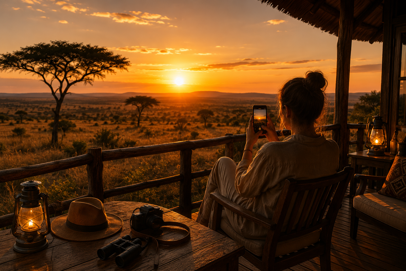 Traveller photographing a Kenyan sunset with a fully charged phone — Kenya travel power guide