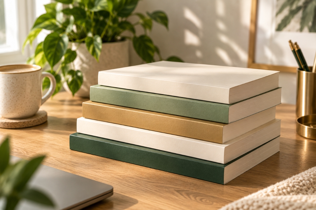 A stack of paperback books with varied cover designs on a wooden desk, illustrating what self-publishers spend per title on covers.