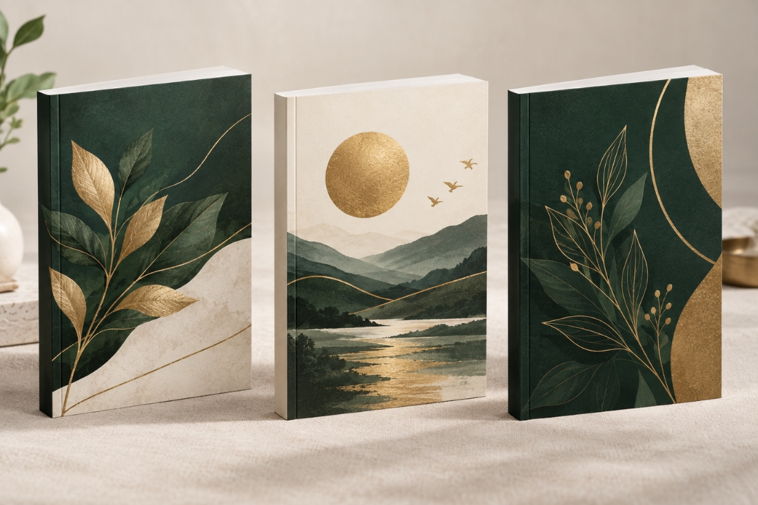 Three 3D paperback book mockups standing on a pale linen surface, the kind used for Amazon listings and ads.