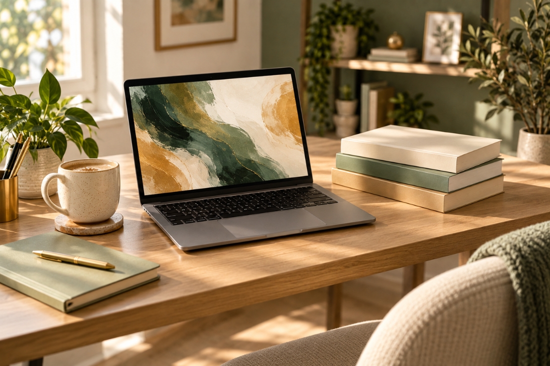 An open laptop on a wooden desk showing a design canvas, beside a mug and a small stack of paperbacks.
