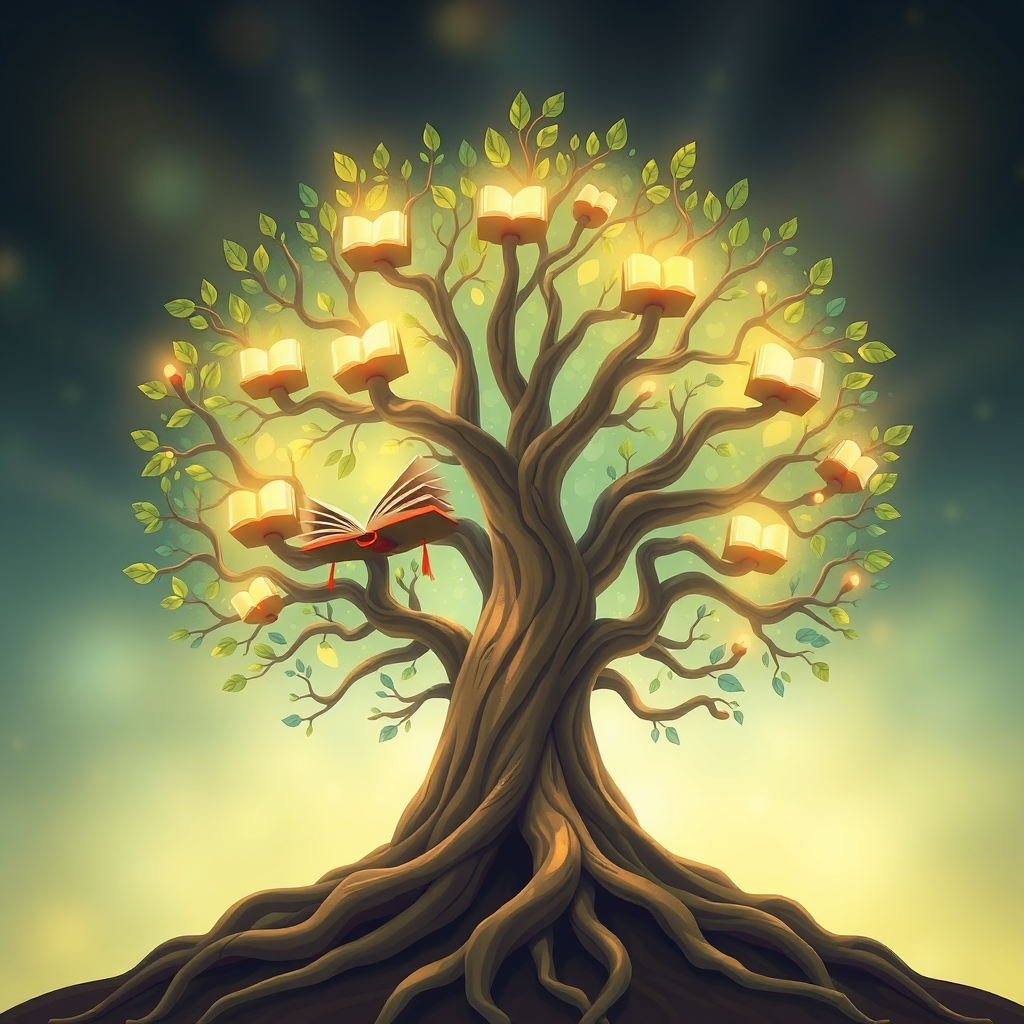 Create a high-quality, 4K image that visually represents Opalwyn's mission. Imagine a stylized tree with roots reaching deep into the earth and branches reaching towards the sky. Each branch bears fruit in the form of glowing books. The roots symbolize grounding and tradition, while the branches represent growth and expansion. The lighting should be soft and ethereal, with a color palette of greens, blues, and golds. The overall style should be uplifting and inspiring. The camera angle is a low angle, emphasizing the height and strength of the tree. The background is a soft, out-of-focus gradient of colors. Textures should be smooth and inviting. The image should convey a sense of wisdom, growth, and transformation. Consider art nouveau or fantastical illustration as style references.