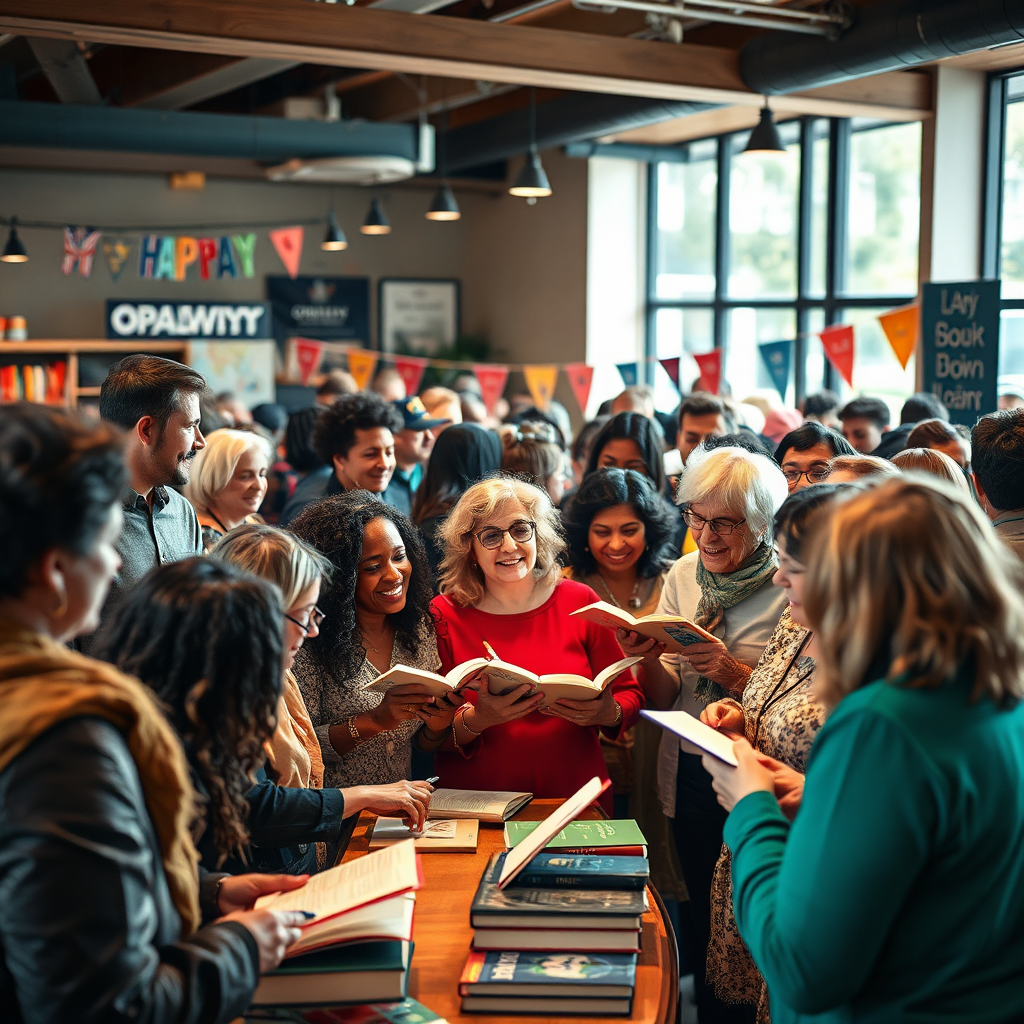 Create a photorealistic image of a group of people gathered together at a book signing event. The people should be of diverse ages, backgrounds, and interests, symbolizing the inclusivity of the Opalwyn community. The atmosphere should be lively and engaging, with people chatting, laughing, and sharing their love of books. The lighting should be bright and welcoming, with a focus on capturing the energy and enthusiasm of the event. The color palette should be vibrant and diverse, with pops of color and texture. The camera angle should be a wide shot, capturing the entire group and the dynamic atmosphere of the event. Add props such as books, pens, and banners. Style references: Consider elements of documentary photography and community engagement.