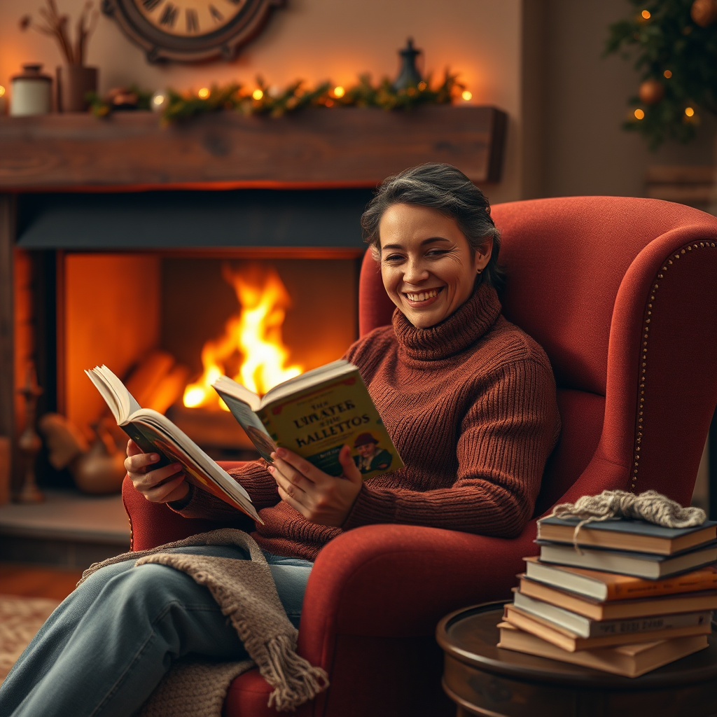 Create a photorealistic image of a person sitting comfortably in a cozy armchair, reading a book by a warm fireplace. The person should be smiling and relaxed, with a contented expression on their face. The atmosphere should be warm and inviting, with a soft glow emanating from the fireplace. The color palette should be rich and inviting, with shades of red, orange, and brown. The camera angle should be a medium shot, capturing the person's expression and the cozy setting. Add props such as a cup of tea, a soft blanket, and a stack of books. Style references: Consider elements of hygge and cozy living.
