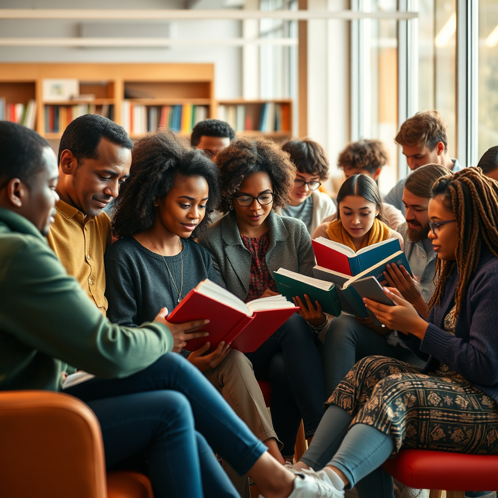Create a photorealistic image of a diverse group of people engaged in various forms of learning, such as reading, discussing, and creating. The scene should take place in a bright and welcoming environment, such as a modern library or a community center. The individuals should be of different ages, backgrounds, and interests, symbolizing the diversity of the Opalwyn community. The lighting should be warm and inviting, with a focus on capturing the energy and enthusiasm of the learners. The color palette should be vibrant and inclusive, with pops of color and texture. The camera angle should be a wide shot, capturing the entire group and the dynamic atmosphere of the scene. Add props such as books, laptops, and art supplies. Style references: Consider elements of documentary photography and community engagement.