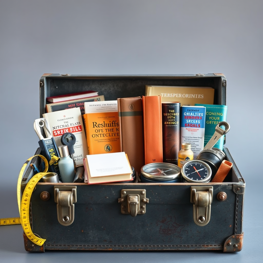Create a photorealistic image of a toolbox filled with books instead of traditional tools. The toolbox should be sturdy and well-worn, suggesting its ability to withstand challenges. The books should be arranged in a way that suggests they are essential tools for personal growth, with titles and covers that represent different skills and knowledge. The lighting should be bright and clear, highlighting the books and their potential. The color palette should be practical and functional, with shades of gray, brown, and blue. The camera angle should be a medium shot, capturing the entire toolbox and its contents. Add props such as a measuring tape, a compass, and a small notepad. Style references: Consider elements of industrial design and practical tools.