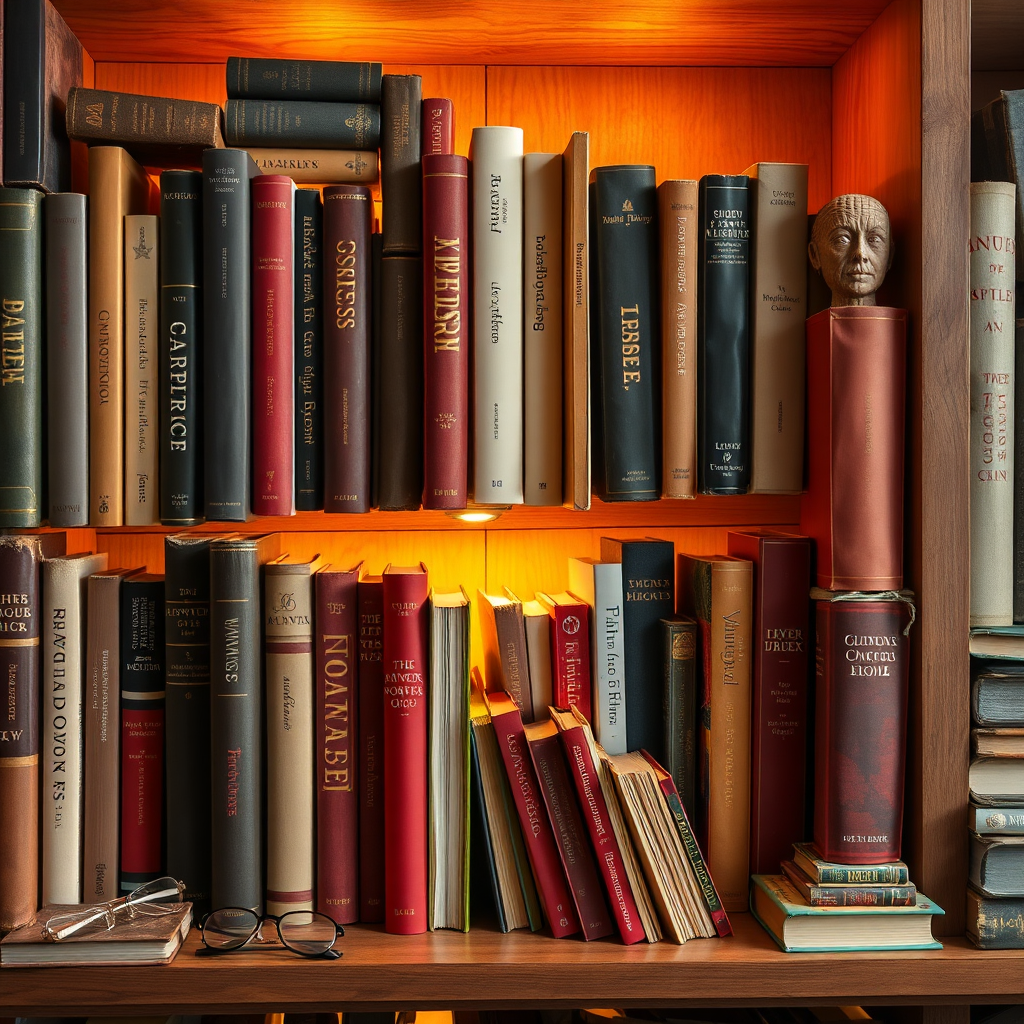 Create a photorealistic image depicting a bookshelf filled with books of various sizes and colors. Arrange the books in a visually appealing way, with some standing upright and others leaning against each other. The books should represent different stages of life, with titles and covers that suggest themes of childhood, adolescence, adulthood, and old age. The lighting should be warm and inviting, with a soft glow emanating from behind the books. The color palette should be rich and diverse, with pops of color that reflect the different stages of life. The camera angle should be a medium shot, capturing the entire bookshelf and the variety of books. Add props such as reading glasses, bookmarks, and small trinkets. Style references: Consider elements of antique bookstores and curated collections.