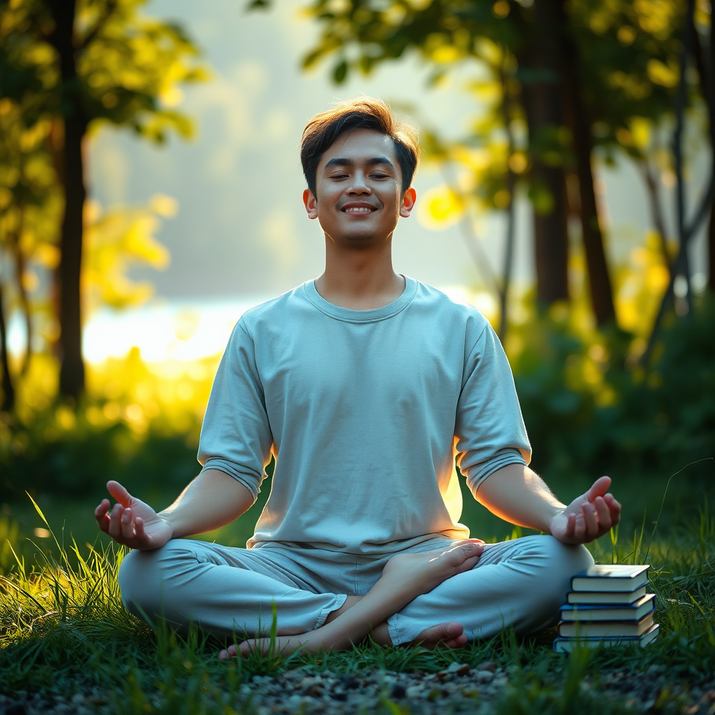 Create a photorealistic image of a person meditating peacefully in a serene natural setting, such as a lush forest or a quiet beach. The individual should be surrounded by soft, golden light, with their eyes closed and a gentle smile on their face. The composition should emphasize tranquility and harmony. The color palette should consist of calming blues, greens, and earthy tones. The camera angle should be a medium shot, capturing the person's relaxed posture and serene expression. Textures should be soft and inviting, such as the feel of grass beneath bare feet or the gentle breeze on skin. Add props such as a small stack of Opalwyn books nearby. Style references: Consider elements of zen gardens and mindfulness practices.