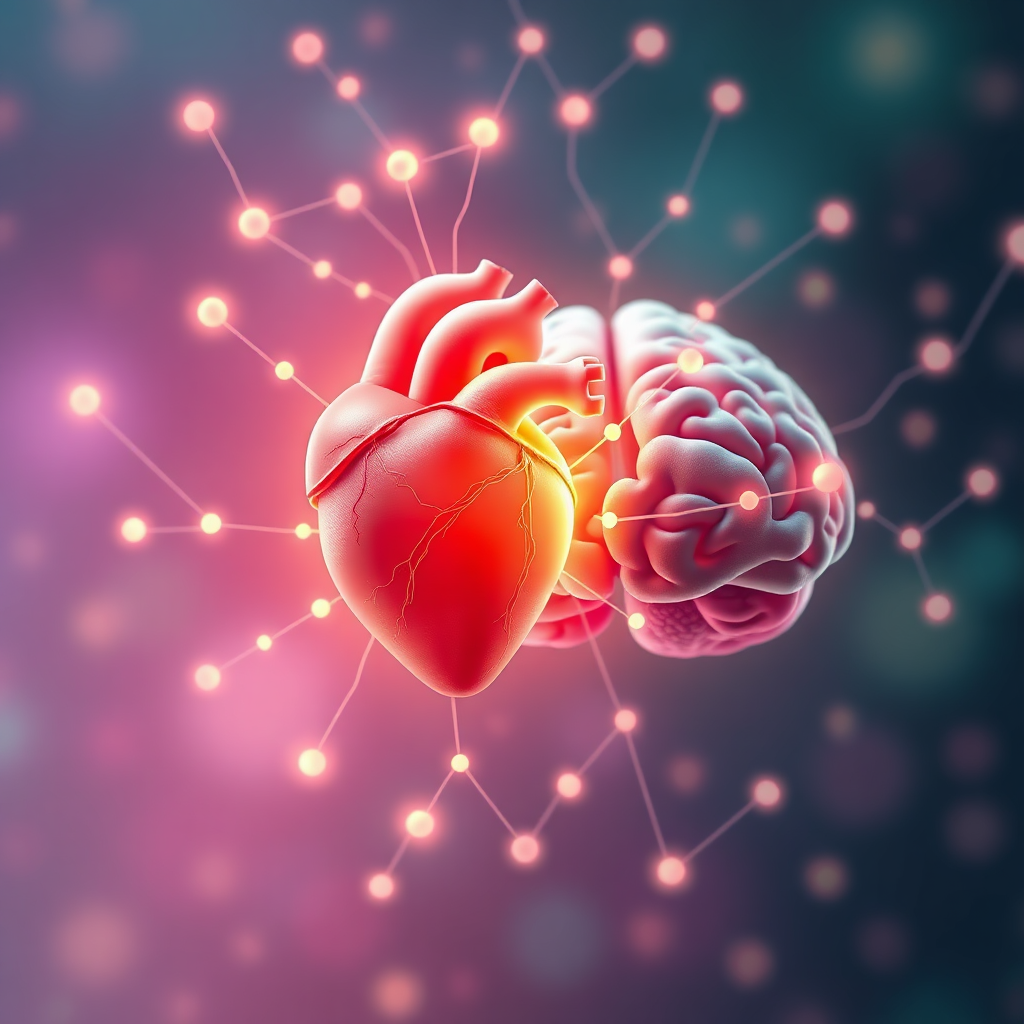 Generate a stylized image representing the connection between the heart and mind. Visualize a heart and a brain connected by a network of glowing pathways. The heart should be depicted as a source of warmth and compassion, while the brain should be depicted as a source of knowledge and wisdom. The pathways connecting them should represent the flow of information and emotions between the two. The lighting should be ethereal and dreamlike, with a soft glow emanating from the heart and brain. The color palette should be calming and harmonious, with shades of blue, green, and pink. The camera angle should be a close-up shot of the heart and brain, emphasizing their interconnectedness. Style references: Consider elements of anatomical illustration and abstract art.