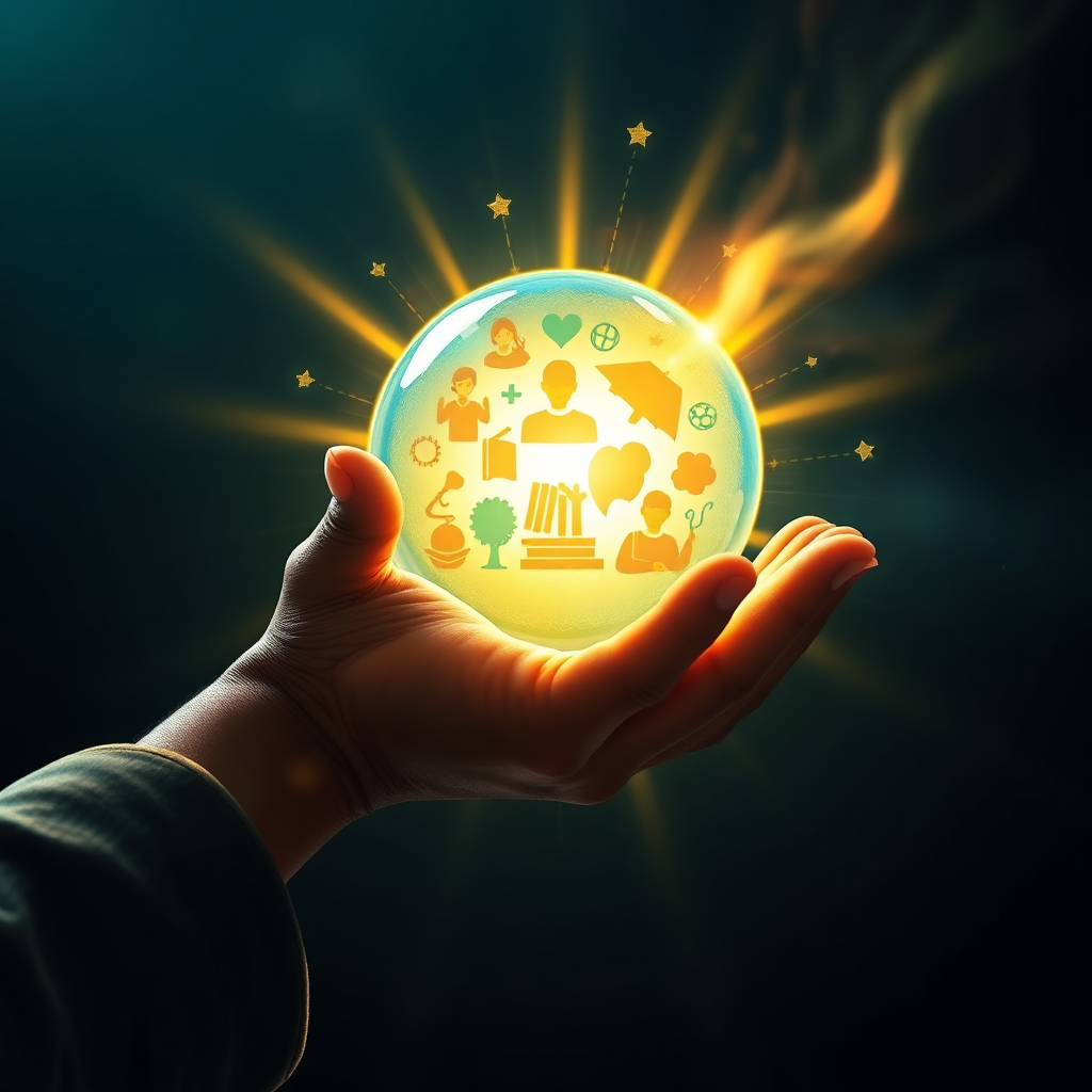 Generate a stylized image representing the sharing of knowledge and wisdom. Visualize a hand holding a glowing orb that contains symbols of learning and growth. The orb should be radiating light and energy, symbolizing the power of knowledge to transform lives. The lighting should be dramatic, with a strong contrast between light and shadow. The color palette should be vibrant and inspiring, with pops of gold, blue, and green. The camera angle should be a close-up shot of the hand and the orb, emphasizing the act of sharing knowledge. Style references: Consider elements of fantasy art and symbolic imagery.