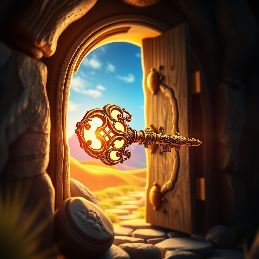 Generate a stylized image representing the unlocking of potential. Visualize a key unlocking a glowing door that leads to a vibrant, colorful landscape. The key should be ornate and intricate, symbolizing the unique tools and insights found in Opalwyn books. The door should be made of a natural material, such as wood or stone, and adorned with symbols of growth and transformation. The lighting should be dramatic, with a strong contrast between light and shadow. The color palette should be vibrant and inspiring, with pops of gold, blue, and green. The camera angle should be a close-up shot of the key unlocking the door, emphasizing the moment of transformation. Style references: Consider elements of fantasy art and symbolic imagery.