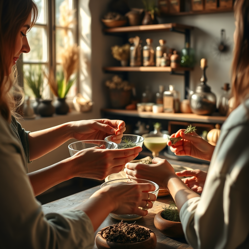 A 4K high-quality image depicting a warm, inviting workshop setting. An experienced herbalist is teaching a small group of students how to create herbal balms. Focus on the hands, showcasing the mixing of natural ingredients in glass bowls. The scene is illuminated by natural light streaming through a window, highlighting the textures of the herbs and the warmth of the learning environment. The background subtly features shelves filled with dried herbs, glass jars, and antique apothecary tools. The overall style should be inviting, educational, and slightly rustic, emphasizing the connection between nature and well-being.
