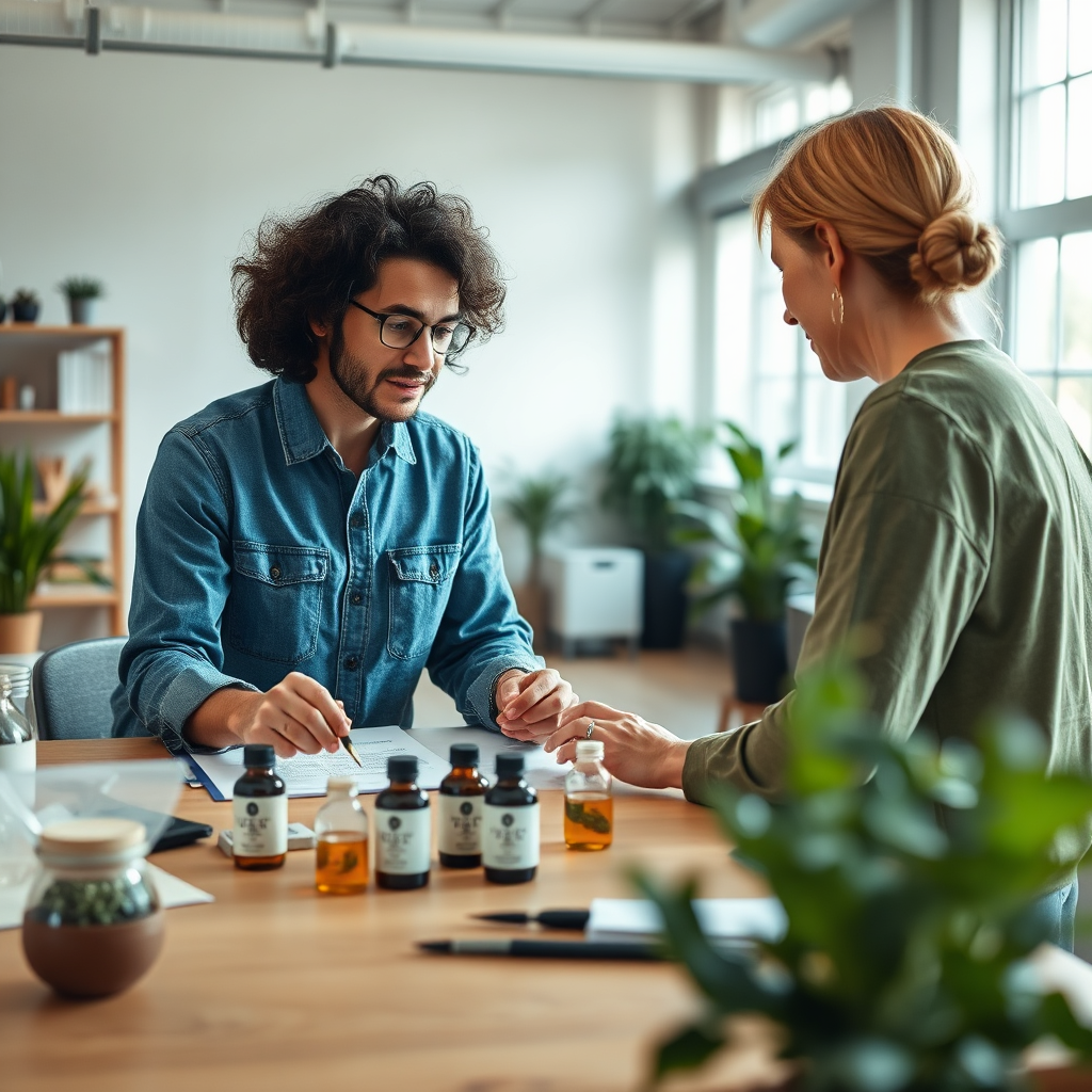 A 4k, high-quality image featuring a one-on-one coaching session. An herbal product creation expert is working closely with a client in a brightly lit, modern workspace. The focus is on the collaborative process, with prototypes and formulas laid out on the table. Capture the mentor-mentee relationship and the energy of innovation.
