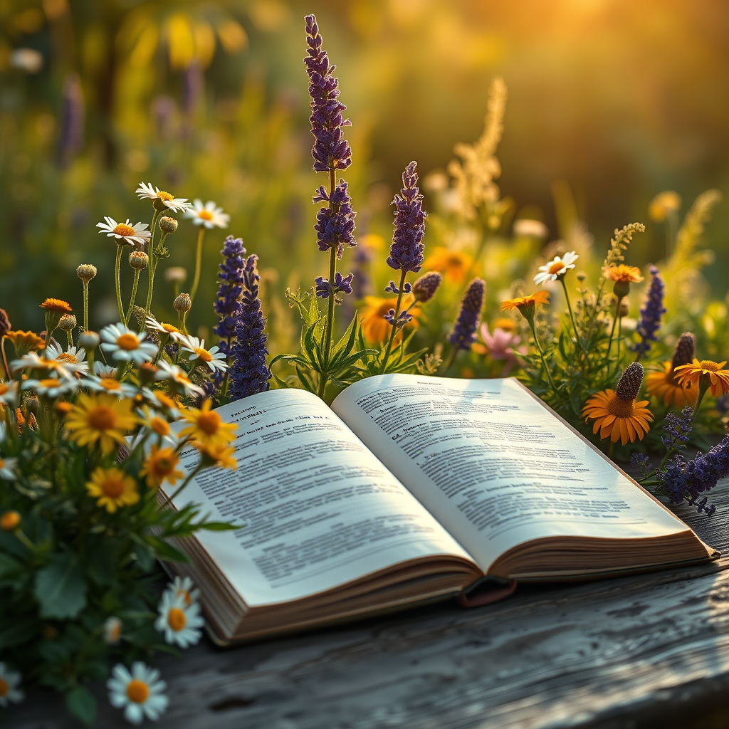 A breathtaking 8K photorealistic image showcasing a serene herbalist's garden at dawn. Focus on vibrant medicinal plants like chamomile, lavender, and calendula, gently bathed in the soft golden light. An open, antique herbalism book rests on a weathered wooden table amidst the herbs. The composition should be reminiscent of a Renaissance painting, with a slightly mystical and educational feel. Capture the intricate details of the plant textures, from the velvety leaves to the delicate petals. The background fades into a soft-focus, hinting at a lush forest. Camera angle: slightly elevated, showcasing the garden's expanse. Hyperrealistic rendering to emphasize the beauty and healing power of nature. Style reference: blending the aesthetics of Dutch still life paintings with modern photorealism.